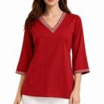 Women's Red V-Neck Tunic Top with Embroidered Detail, Long Bell Sleeves, Casual Wear I Short Kurti I Embroidery Short Kurta