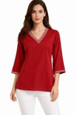 Women's Red V-Neck Tunic Top with Embroidered Detail, Long Bell Sleeves, Casual Wear I Short Kurti I Embroidery Short Kurta