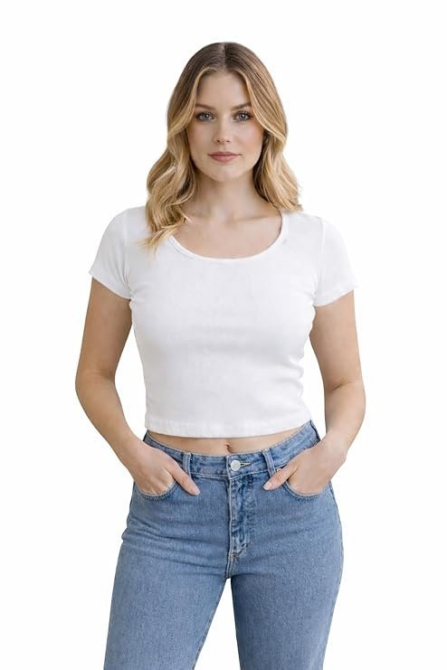 61MjTQpWKKL._SY741_.jpg Women’s Fitted Crop Top – Soft Stretch Short Sleeve Casual T-Shirt - Image 1