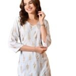 Short Kurti for Women for Jeans, Rayon Cotton Kurtis for Ladies, Gold Printed U Neck Women's Tunic Design Kurta, Top Floral Kurtas for Woman