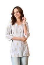 Short Kurti for Women for Jeans, Rayon Cotton Kurtis for Ladies, Gold Printed U Neck Women's Tunic Design Kurta, Top Floral Kurtas for Woman