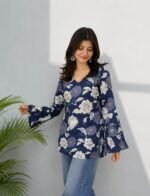 Women's Floral Printed V-Neck Short Kurti | Full Sleeve Casual Ethnic Regular Fit Stylish Tunic for Women