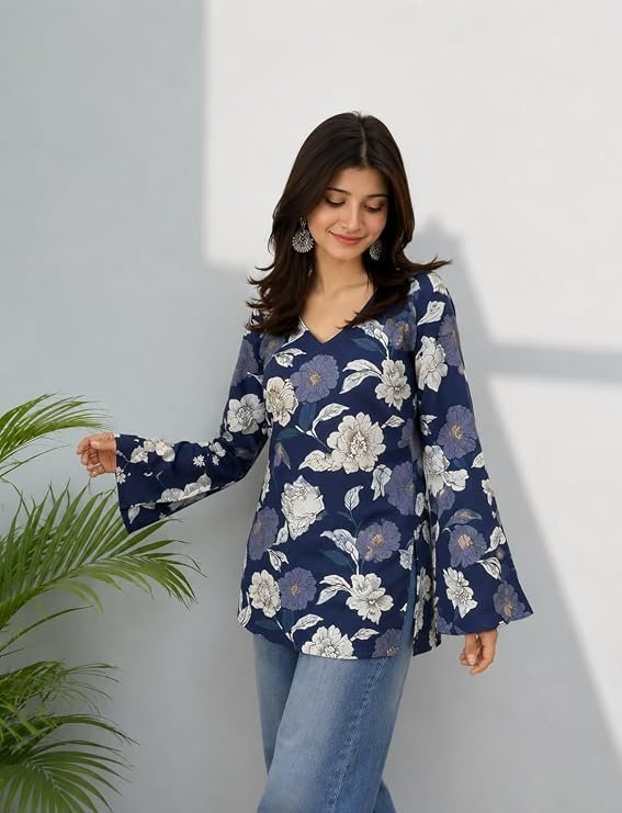 61Q7L9eW3SL._SY741_.jpg Women's Floral Printed V-Neck Short Kurti | Full Sleeve Casual Ethnic Regular Fit Stylish Tunic for Women - Image 1