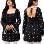 Women's Rayon Printed Short Kurti | Square Neck | Bell Sleeves | Lace-Up Back Design with Pom Pom Lace | Casual Ethnic Top for Daily Office College Wear