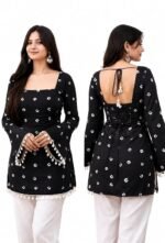 Women's Rayon Printed Short Kurti | Square Neck | Bell Sleeves | Lace-Up Back Design with Pom Pom Lace | Casual Ethnic Top for Daily Office College Wear