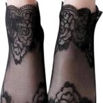 Women Flower Patterned Short Silk Stockings, Transparent Flower Print Lace SockS_Free Size(Pack OF 1,Black)