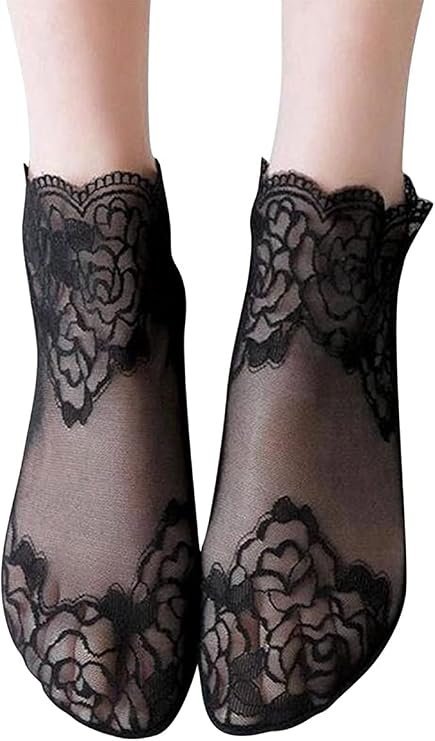 61ReXyuJjcL._SY741_.jpg Women Flower Patterned Short Silk Stockings, Transparent Flower Print Lace SockS_Free Size(Pack OF 1,Black) - Image 1