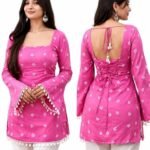 Women's Floral Embroidered Tunic Top Short Kurti, 3/4 Sleeve, Split V-Neck, Kurti Style, Rayon Fabric (Copy)