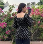 Women's Rayon Printed Short Kurti | Square Neck Top | Full Sleeve Fitted Tunic Top with Back Tie-Up - Image 2