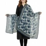 Elegant Women's Organza Dupatta with Floral Print, Navy Blue and White, Traditional Border Design