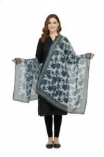 Elegant Women's Organza Dupatta with Floral Print, Navy Blue and White, Traditional Border Design