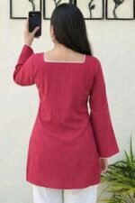 Women Short Cotton Kurti - Square Neck Long Sleeve | Casual Office Wear | Comfortable Daily Top - Image 2