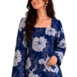 Women's Short Kurti for Women | Square Neck Floral Printed Kurti | Full Sleeve Casual Kurti Top | Stylish Ethnic Tunic for Jeans | Regular Fit Office Wear