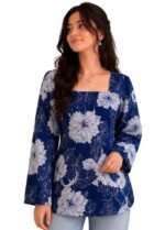 Women's Short Kurti for Women | Square Neck Floral Printed Kurti | Full Sleeve Casual Kurti Top | Stylish Ethnic Tunic for Jeans | Regular Fit Office Wear