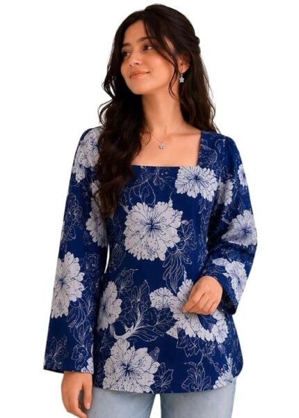 Women's Short Kurti for Women | Square Neck Floral Printed Kurti | Full Sleeve Casual Kurti Top | Stylish Ethnic Tunic for Jeans | Regular Fit Office Wear