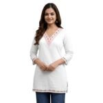 Zakiya Women's Cotton Short Kurti | Embroidered V Neck 3/4 Sleeve Casual White Short Kurti for Women.