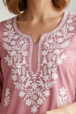 Women's Floral Embroidered Tunic Top Short Kurti, 3/4 Sleeve, Split V-Neck, Kurti Style, Rayon Fabric - Image 4