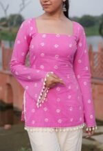 Women's Floral Embroidered Tunic Top Short Kurti, 3/4 Sleeve, Split V-Neck, Kurti Style, Rayon Fabric (Copy) - Image 2