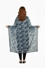 Elegant Women's Organza Dupatta with Floral Print, Navy Blue and White, Traditional Border Design - Image 3