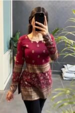 Women's Printed Short Kurti, Maroon Traditional Pattern - Image 3
