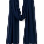 Navy Blue Chiffon Scarf with Pearl Tassel Trim
