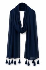 Navy Blue Chiffon Scarf with Pearl Tassel Trim
