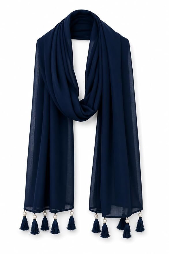 61mhVP8d5zL._SY879_.jpg Navy Blue Chiffon Scarf with Pearl Tassel Trim - Image 1