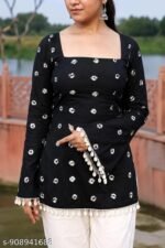 Women's Rayon Printed Short Kurti | Square Neck | Bell Sleeves | Lace-Up Back Design with Pom Pom Lace | Casual Ethnic Top for Daily Office College Wear - Image 3