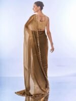 Women's Organza Lightweight Lace Work Saree With Art Silk Sequence Work Golden Unstitched Blouse Piece - Image 4