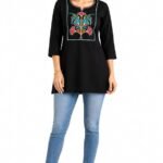 Women Cotton Embroidered Short Kurti, 3/4 Sleeve, Round Neck, Casual Ethnic Top, Office & College Wear