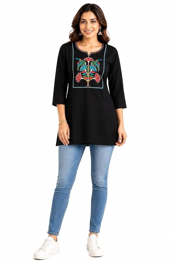 61wiTnpoHoL._SY879_.jpg Women Cotton Embroidered Short Kurti, 3/4 Sleeve, Round Neck, Casual Ethnic Top, Office & College Wear - Image 1