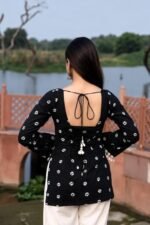 Women's Rayon Printed Short Kurti | Square Neck | Bell Sleeves | Lace-Up Back Design with Pom Pom Lace | Casual Ethnic Top for Daily Office College Wear - Image 2