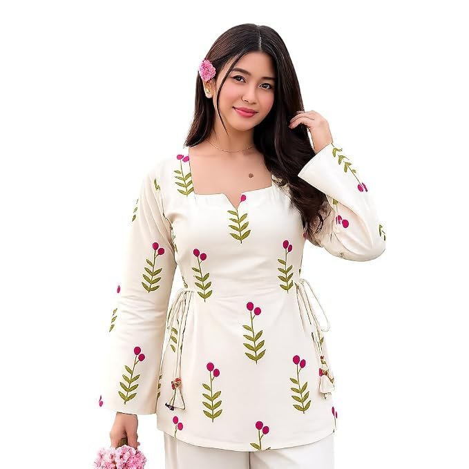 61ySy1sntRL._SX679_.jpg Women’s Rayon Printed Short Kurti with Square Neck & Long Flared Sleeves – Stylish Ethnic Casual Wear with Tie Detailing - Image 1