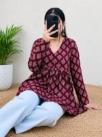 Women's V Neck Anarkali Short Kurti for Women Full Sleeve Floral Print |Stylish Kurtis & Short Kurtis for Woman | Casual Kurti with Jeans | Kurtas for Woman - Image 3