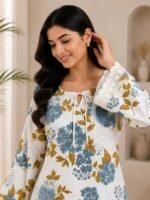 Women’s Cotton Floral Printed Short Kurti | Floral Print Kurta for Women | 3/4 Sleeve Casual Ethnic Top with Lace Detail & Round Neck | Stylish Daily & Office Wear Kurti - Image 4