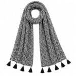 Black & White Geometric Print Scarf with Tassel Trim