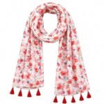 Women's Floral Print Chiffon Scarf with Tassel Trim