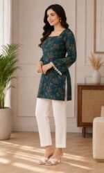 Women’s Cotton Short Kurti | Printed Casual Kurta for Women | Stylish Square Neck 3/4 Sleeve Top with Pom Pom Lace | Comfortable Wear for Office, Daily & Casual Outings - Image 3