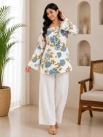 Women’s Cotton Floral Printed Short Kurti | Floral Print Kurta for Women | 3/4 Sleeve Casual Ethnic Top with Lace Detail & Round Neck | Stylish Daily & Office Wear Kurti - Image 3