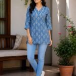 Women's Floral Printed Short Kurti | Soft & Lightweight Cotton Fabric | 3/4 Sleeve | Regular Fit | V-Neck | Ethnic Style | Casual Tunic Top | for Office & Daily