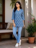 Women's Floral Printed Short Kurti | Soft & Lightweight Cotton Fabric | 3/4 Sleeve | Regular Fit | V-Neck | Ethnic Style | Casual Tunic Top | for Office & Daily
