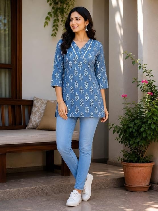 7188k-9G8cL._SY741_.jpg Women's Floral Printed Short Kurti | Soft & Lightweight Cotton Fabric | 3/4 Sleeve | Regular Fit | V-Neck | Ethnic Style | Casual Tunic Top | for Office & Daily - Image 1
