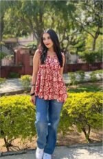 Women's Rayon Red Floral Block Print Short Kurti | Sleeveless V-Neck Peplum Top, Casual Tunic - Image 2