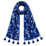 Blue Floral Bird Print Scarf with Tassel and Pearl Detail