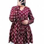 Women's V Neck Anarkali Short Kurti for Women Full Sleeve Floral Print |Stylish Kurtis & Short Kurtis for Woman | Casual Kurti with Jeans | Kurtas for Woman