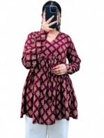 Women's V Neck Anarkali Short Kurti for Women Full Sleeve Floral Print |Stylish Kurtis & Short Kurtis for Woman | Casual Kurti with Jeans | Kurtas for Woman