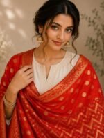 Women Nylon Red Geometric Woven Dupatta - Image 3