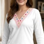 Zakiya Women's Cotton Short Kurti | Embroidered V Neck 3/4 Sleeve Casual White Short Kurti for Women. - Image 4