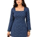 Women's Square Neck Short Kurti for Women | Full Sleeve Floral Printed Casual Kurti | Stylish Cotton Blend Kurti Top for Jeans | Ethnic Wear for Daily, Office & Casual
