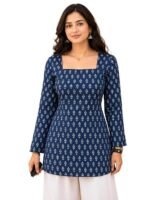 Women's Square Neck Short Kurti for Women | Full Sleeve Floral Printed Casual Kurti | Stylish Cotton Blend Kurti Top for Jeans | Ethnic Wear for Daily, Office & Casual